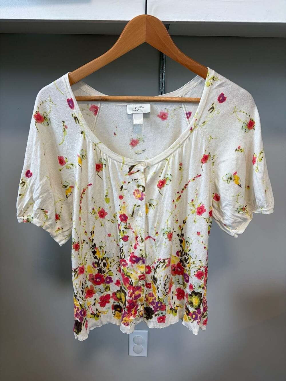 LOFT Floral Pima Cotton Cardigan L Short Sleeve Button Front Cottagecore